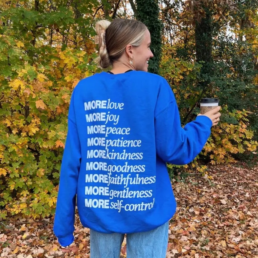 hwlf made for more cobalt blue pull over Christian sweatshirt